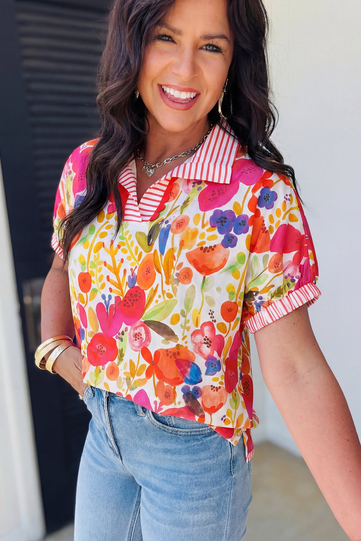 Rose Striped Trim Collared V Neck Short Sleeve Floral Print Blouse