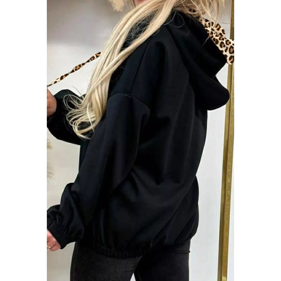 Elastic Cuffs Leopard Contrast Drawstring Hoodie Apparel and Accessories