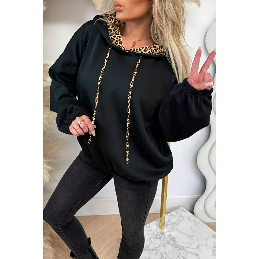 Elastic Cuffs Leopard Contrast Drawstring Hoodie Black / S Apparel and Accessories