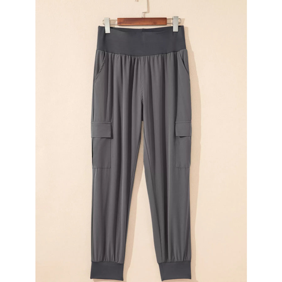 Elastic High Waist Pocketed Cargo Jogger Pants Apparel and Accessories
