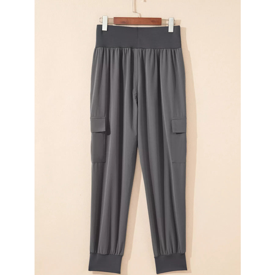 Elastic High Waist Pocketed Cargo Jogger Pants Apparel and Accessories