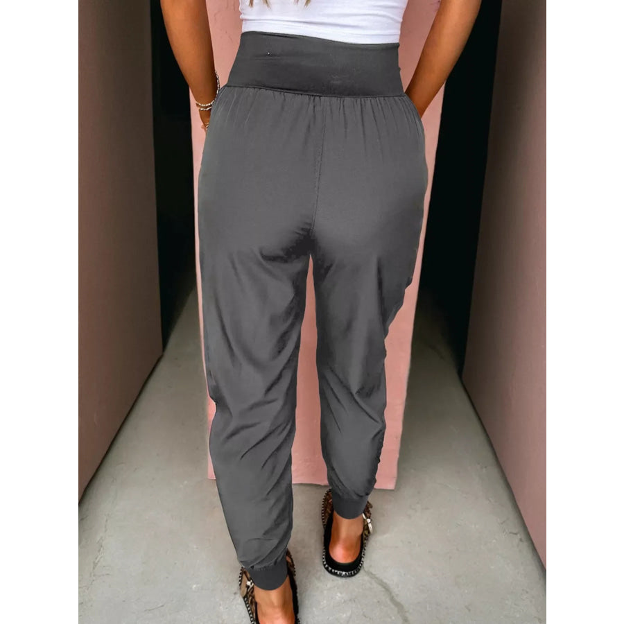 Elastic High Waist Pocketed Cargo Jogger Pants Apparel and Accessories