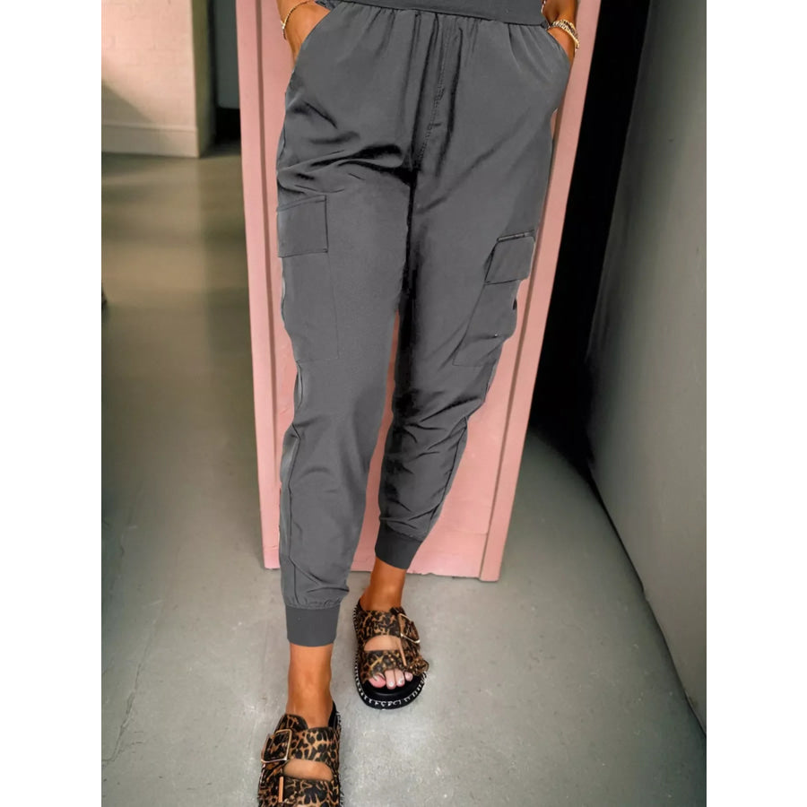 Elastic High Waist Pocketed Cargo Jogger Pants Dark Gray / S Apparel and Accessories