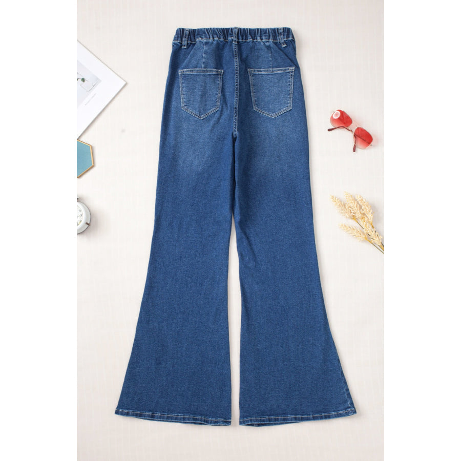 Elastic Waist Bootcut Jeans with Pockets Apparel and Accessories