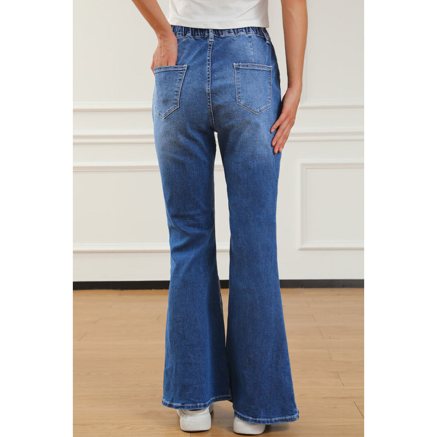 Elastic Waist Bootcut Jeans with Pockets Apparel and Accessories