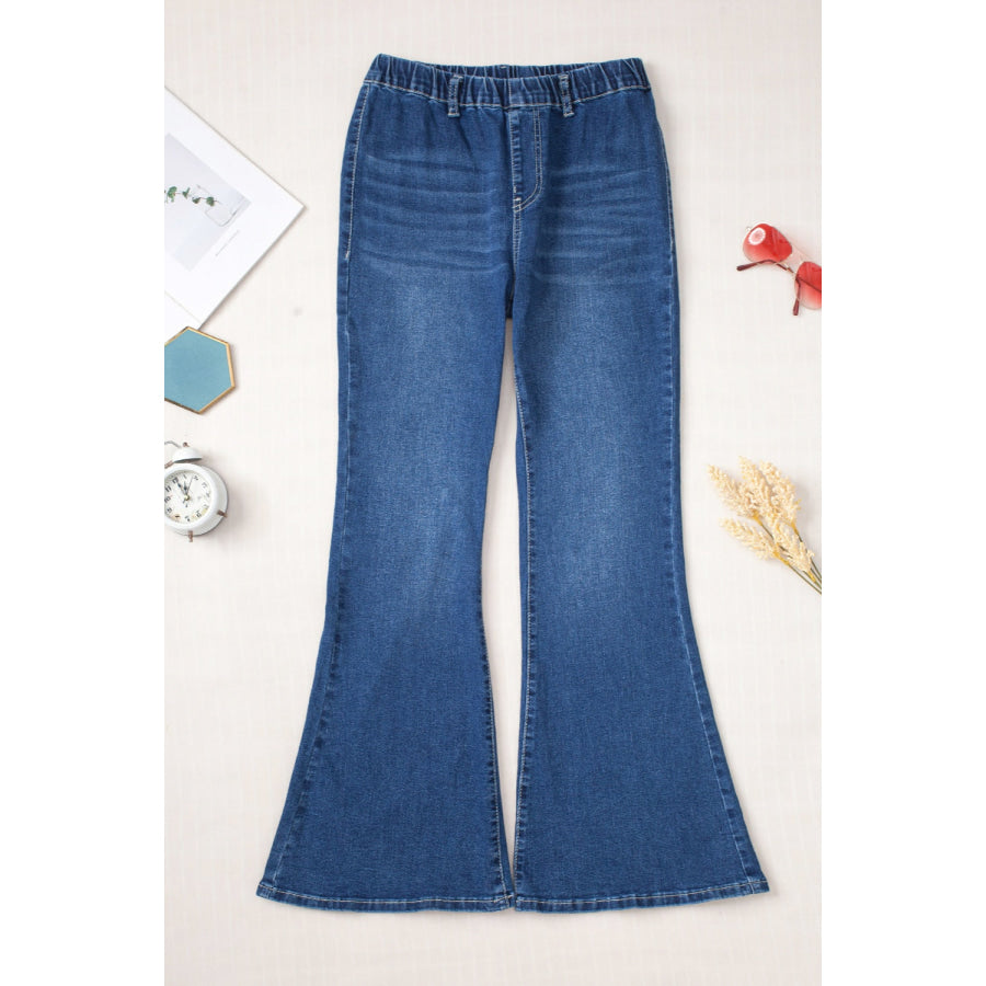 Elastic Waist Bootcut Jeans with Pockets Apparel and Accessories