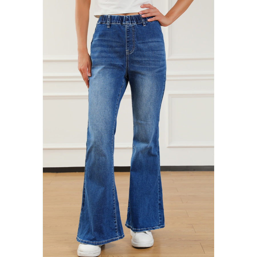 Elastic Waist Bootcut Jeans with Pockets Apparel and Accessories