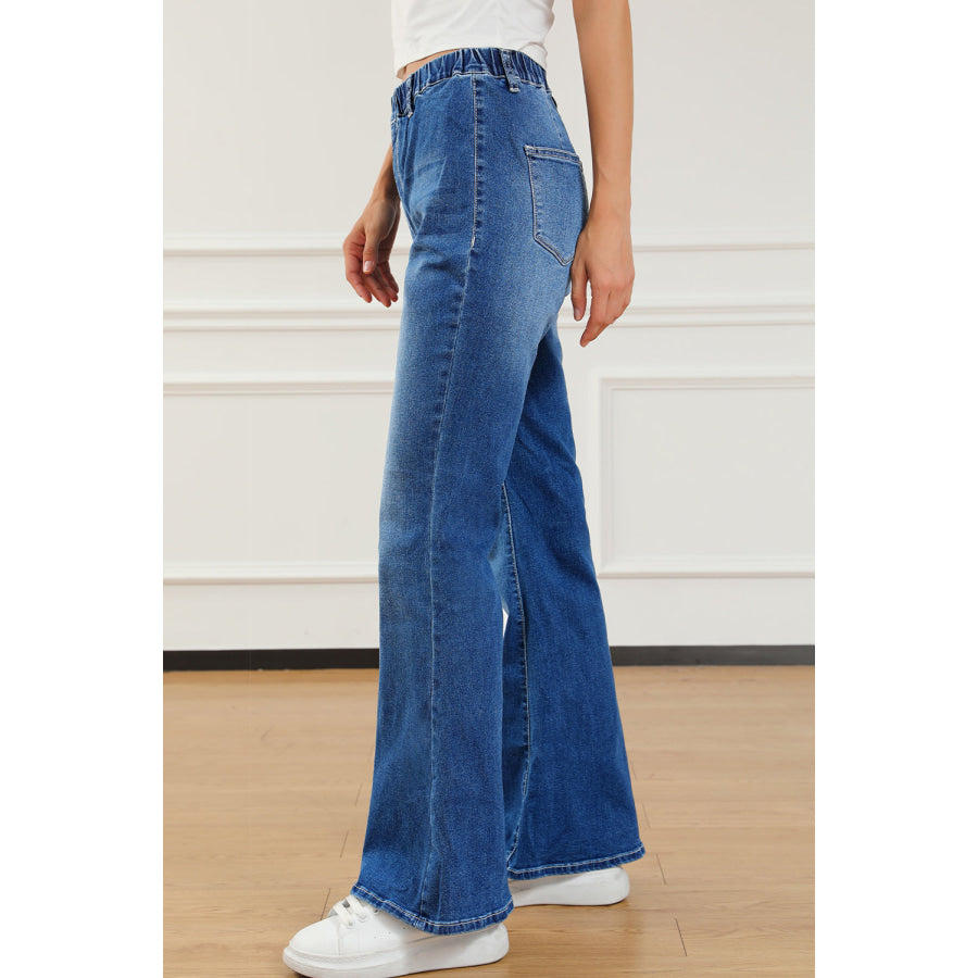 Elastic Waist Bootcut Jeans with Pockets Apparel and Accessories