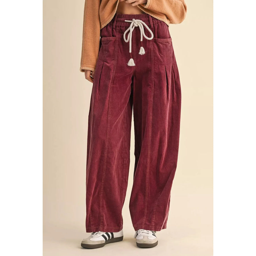 Elastic Waist Drawstring Corduroy Casual Pants Burgundy / S Apparel and Accessories