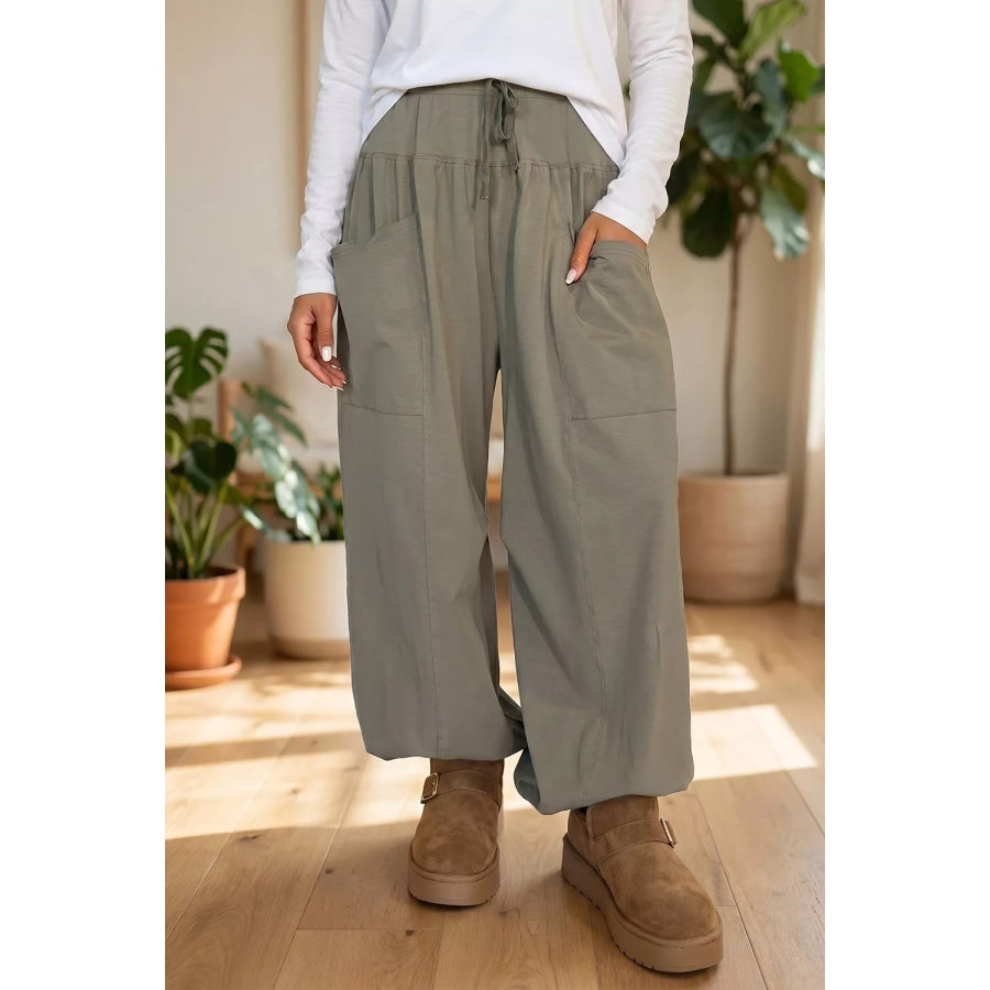 Elastic Waist Drawstring Wide Leg Full Length Pants Army Green / S Apparel and Accessories