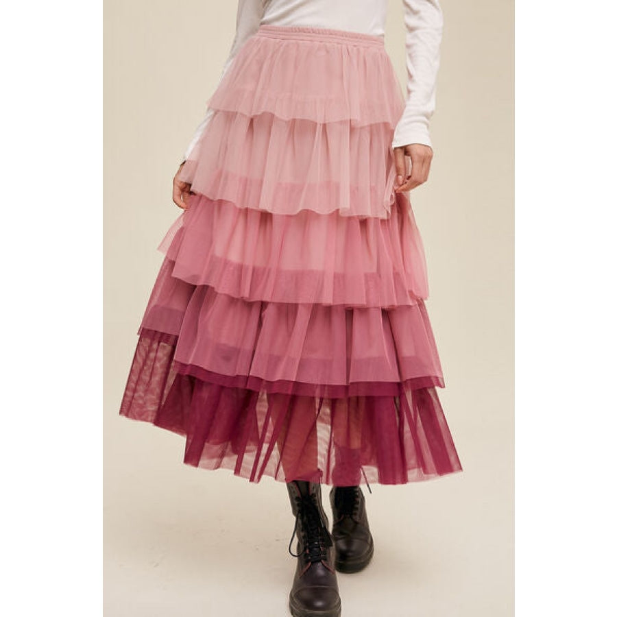 Elastic Waist Layered Tulle Midi Skirt Clothing