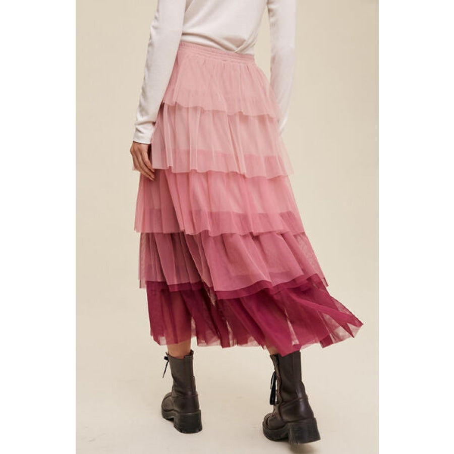 Elastic Waist Layered Tulle Midi Skirt Clothing