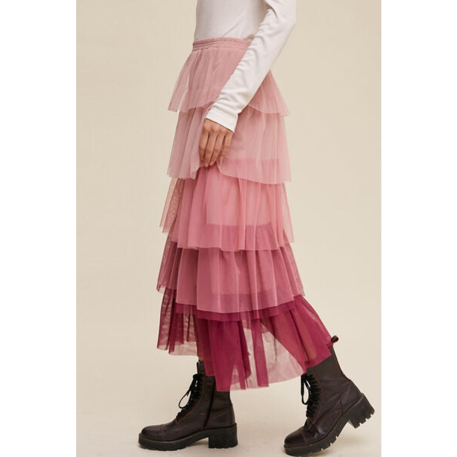 Elastic Waist Layered Tulle Midi Skirt Clothing