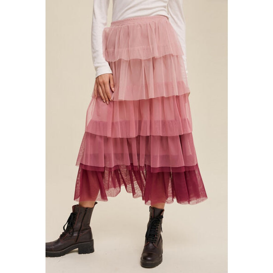 Elastic Waist Layered Tulle Midi Skirt Dusty Pink / S Clothing