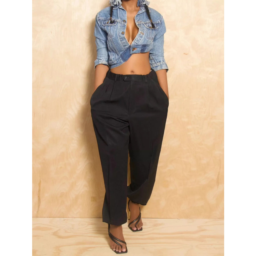 Elastic Waist Loose Fit Pants Black / S Apparel and Accessories