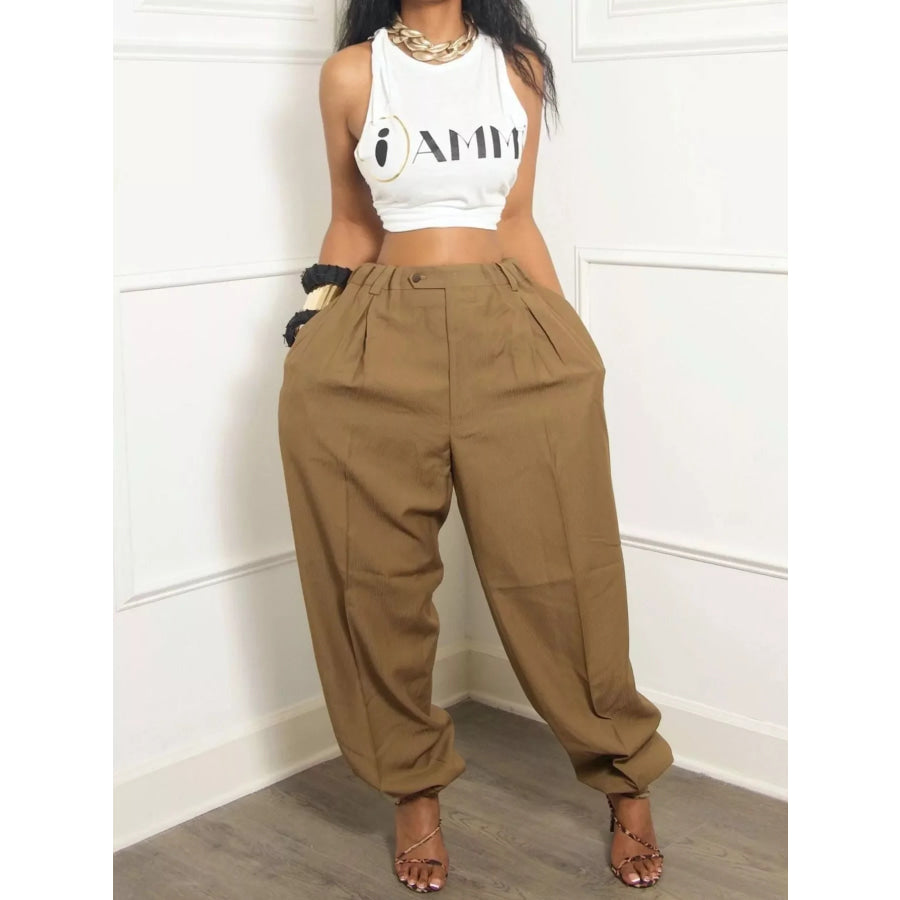 Elastic Waist Loose Fit Pants Deep Khaki / S Apparel and Accessories