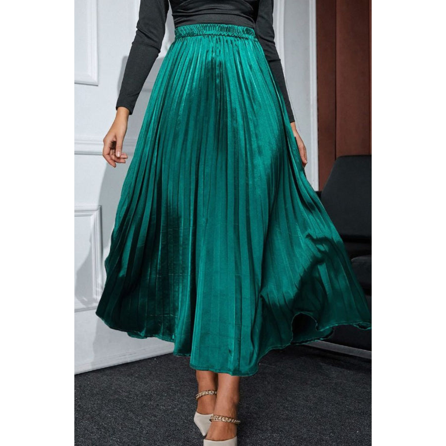 Elastic Waist Pleated Midi Skirt Deep Teal / S Apparel and Accessories