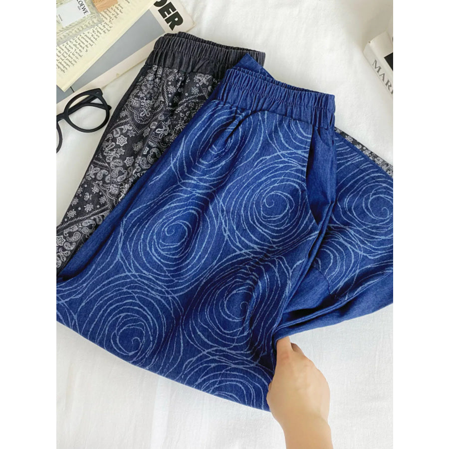 Elastic Waist Printed Jeans Apparel and Accessories