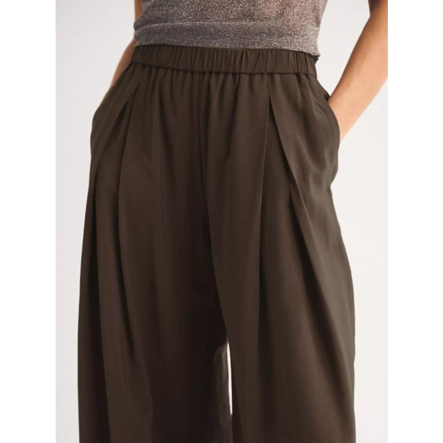 Elastic Waist Relaxed Fit Pants Coffee Brown / S Apparel and Accessories