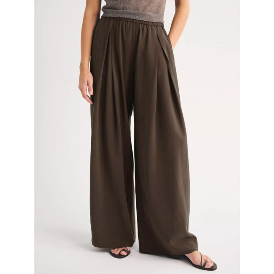 Elastic Waist Relaxed Fit Pants Coffee Brown / S Apparel and Accessories