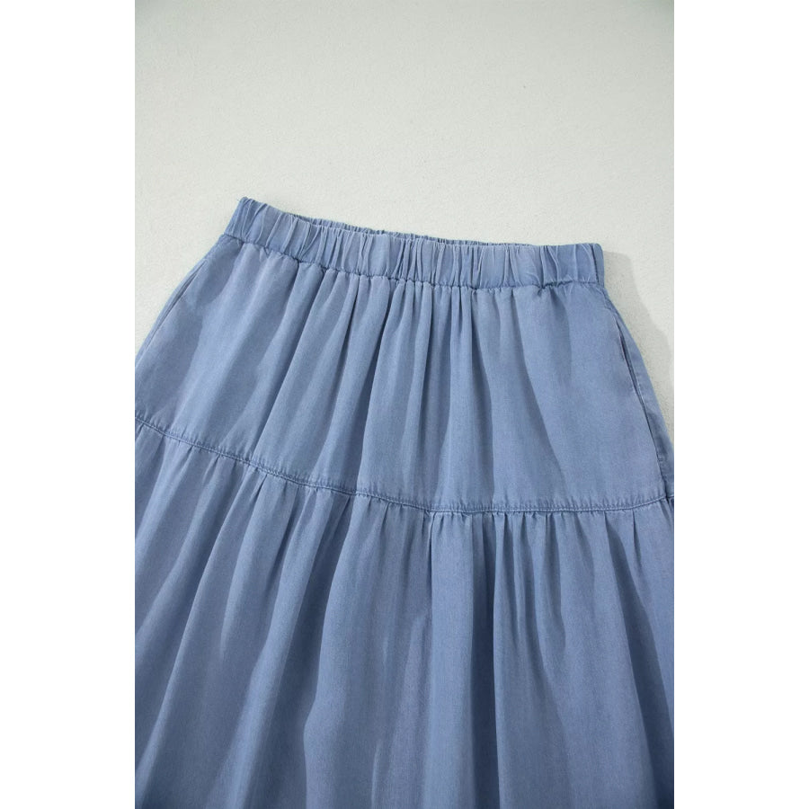 Elastic Waist Ruffled Tiered Flared Denim Maxi Skirt Apparel and Accessories