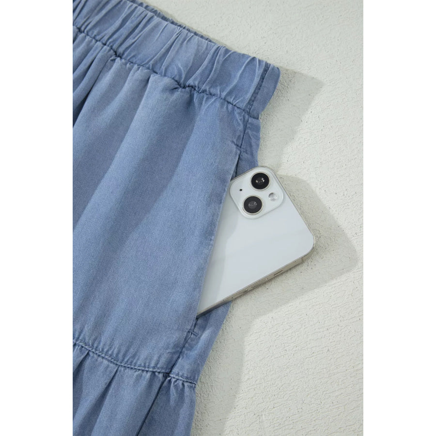 Elastic Waist Ruffled Tiered Flared Denim Maxi Skirt Apparel and Accessories