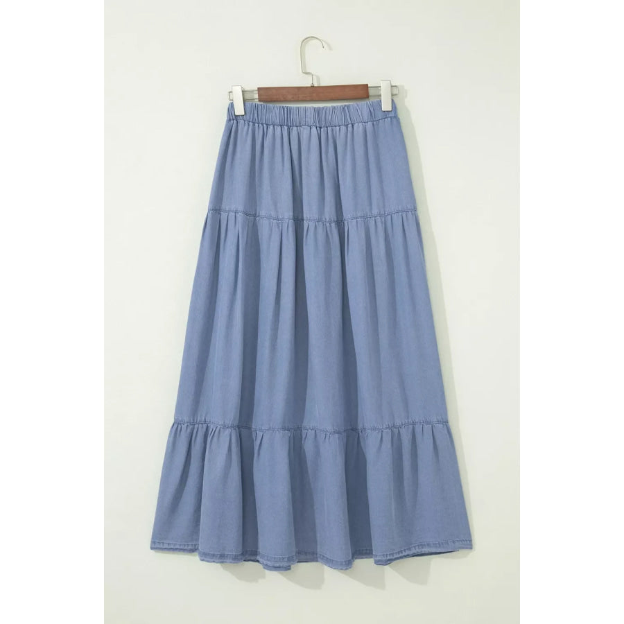 Elastic Waist Ruffled Tiered Flared Denim Maxi Skirt Apparel and Accessories