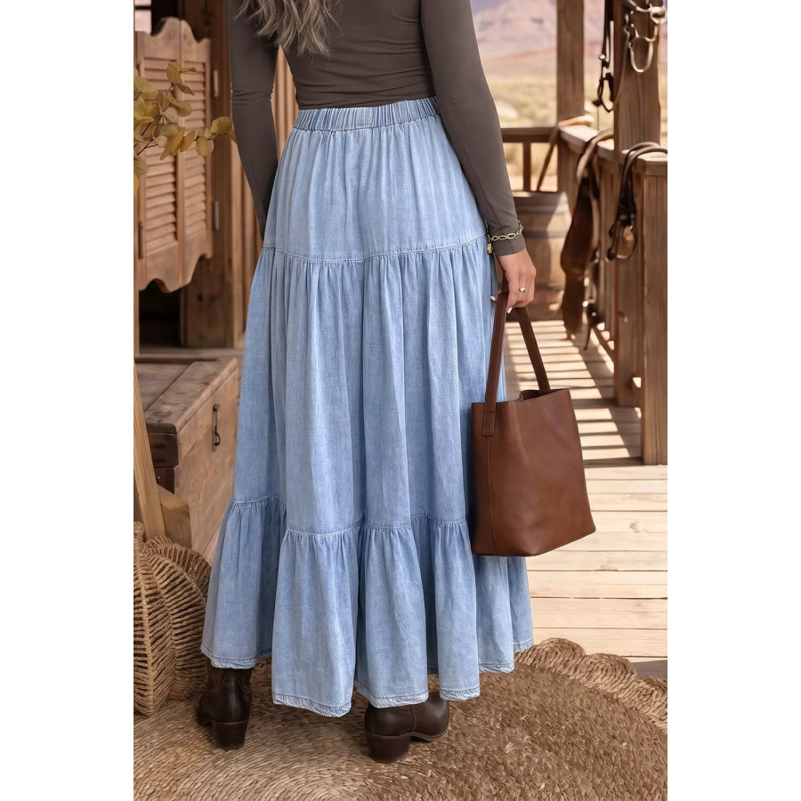 Elastic Waist Ruffled Tiered Flared Denim Maxi Skirt Dusty Blue / S Apparel and Accessories