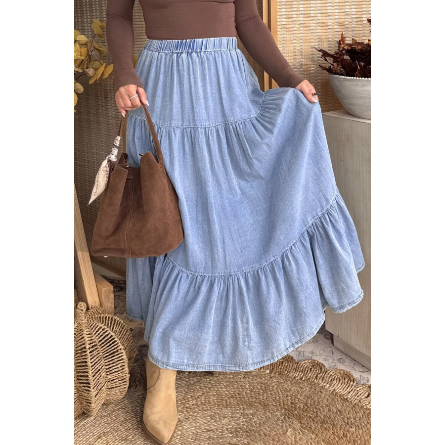Elastic Waist Ruffled Tiered Flared Denim Maxi Skirt Apparel and Accessories