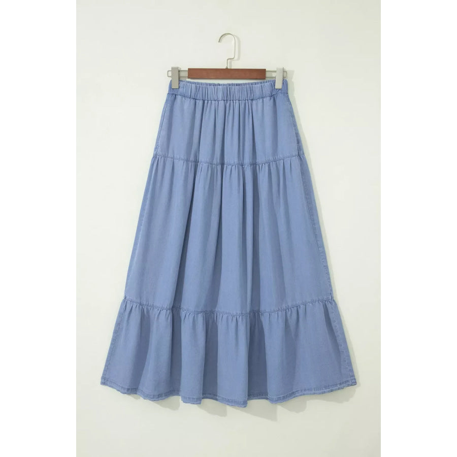 Elastic Waist Ruffled Tiered Flared Denim Maxi Skirt Apparel and Accessories