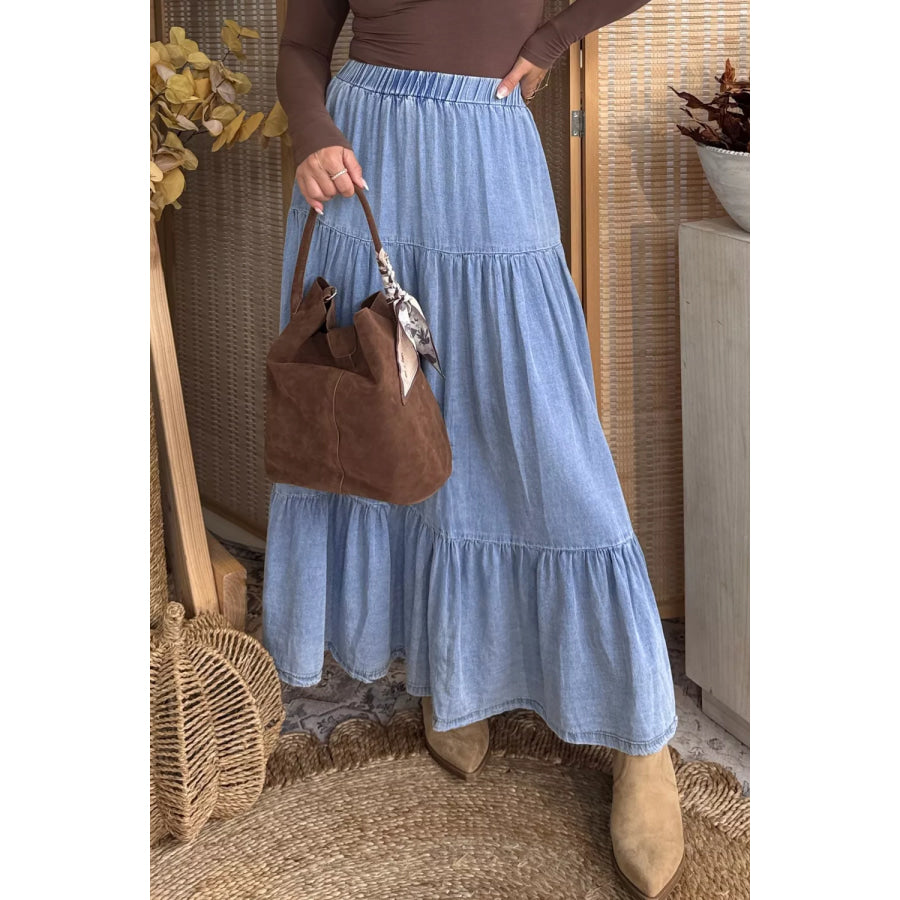 Elastic Waist Ruffled Tiered Flared Denim Maxi Skirt Apparel and Accessories