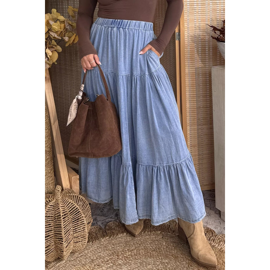 Elastic Waist Ruffled Tiered Flared Denim Maxi Skirt Dusty Blue / S Apparel and Accessories