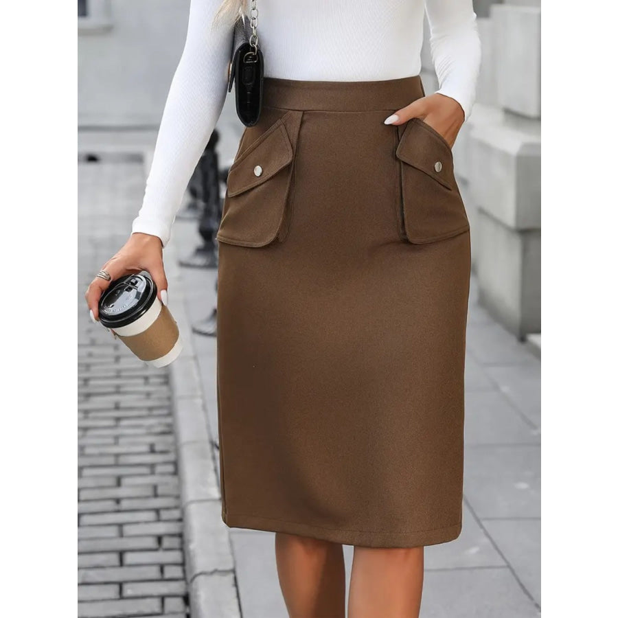 Elastic Waist Skirt with Pockets Taupe / S Apparel and Accessories