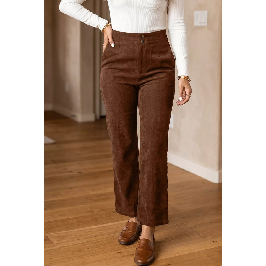Elastic Waist Straight Leg Ankle Length Corduroy Pants Apparel and Accessories