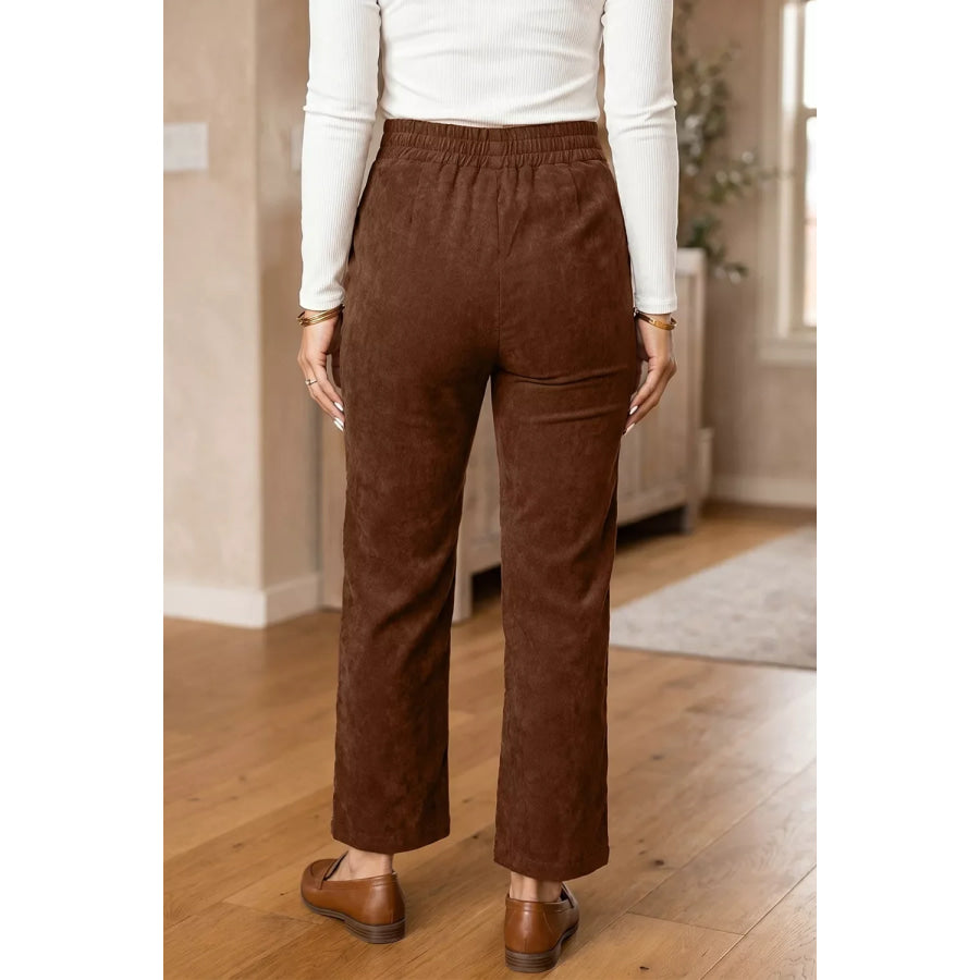 Elastic Waist Straight Leg Ankle Length Corduroy Pants Apparel and Accessories