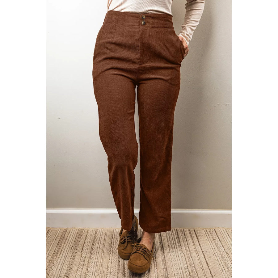 Elastic Waist Straight Leg Ankle Length Corduroy Pants Dark Brown / S Apparel and Accessories