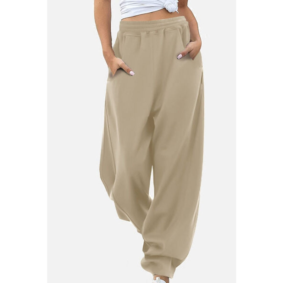 Elastic Waist Sweatpants with Pockets Khaki / S Clothing