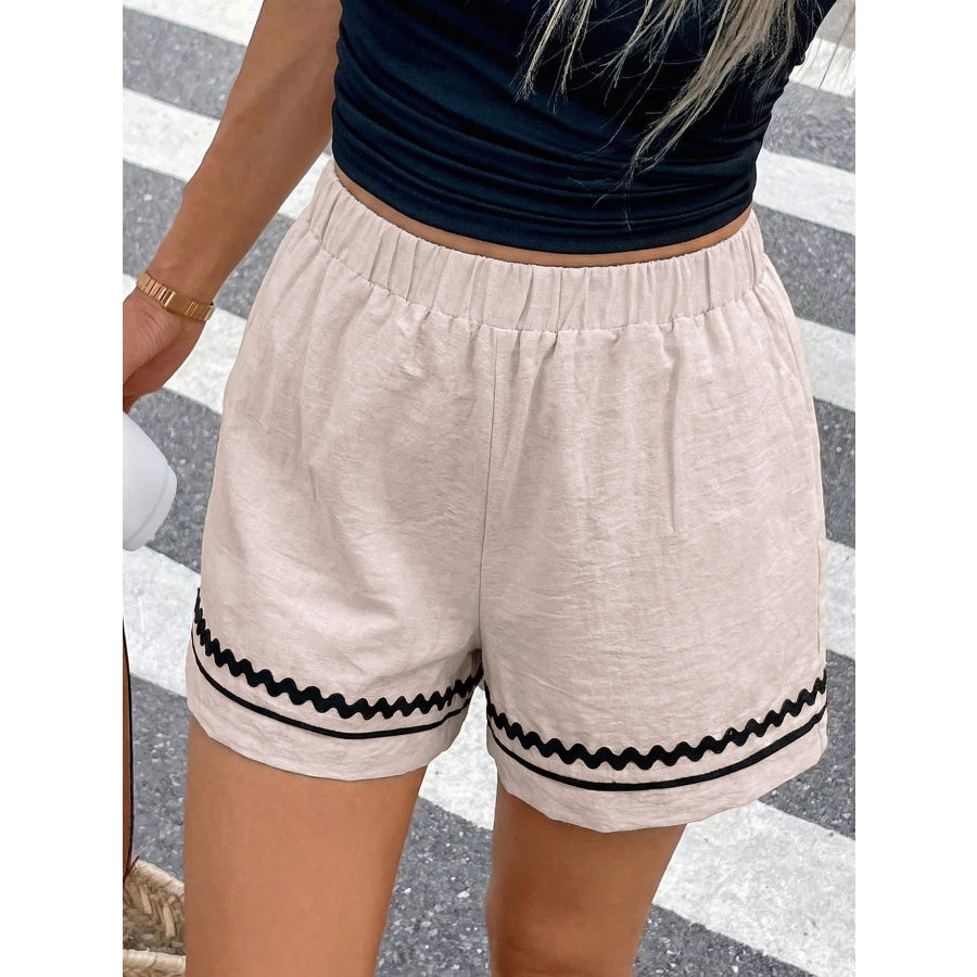 Elastic Waist Wavy Trim Casual Shorts Apricot / S Apparel and Accessories