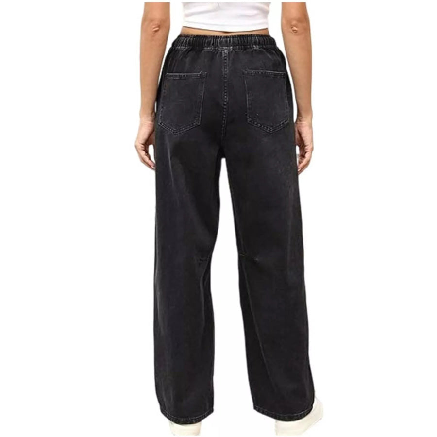 Elastic Waist Wide Leg Jeans Black / S Apparel and Accessories