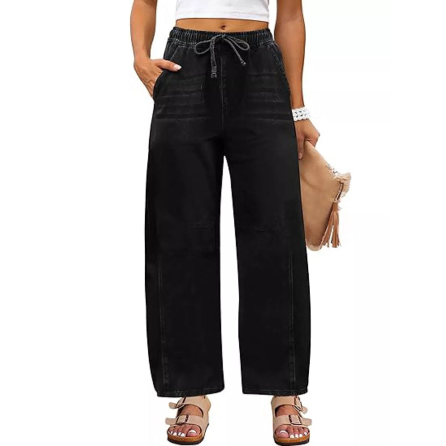 Elastic Waist Wide Leg Jeans Black / S Apparel and Accessories