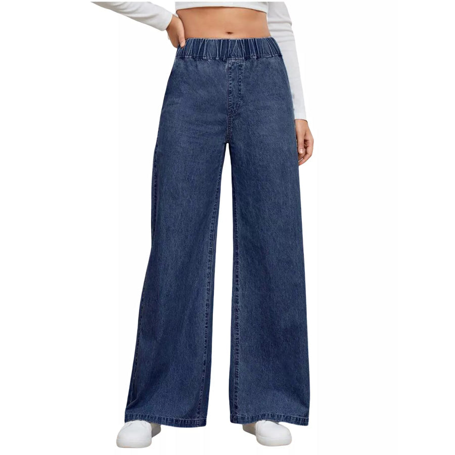 Elastic Waist Wide Leg Jeans Dark Blue / S Apparel and Accessories