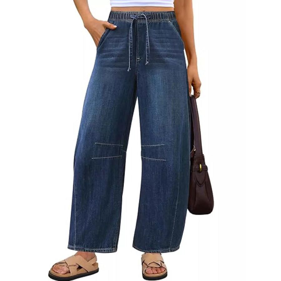 Elastic Waist Wide Leg Jeans Dark Blue / S Apparel and Accessories