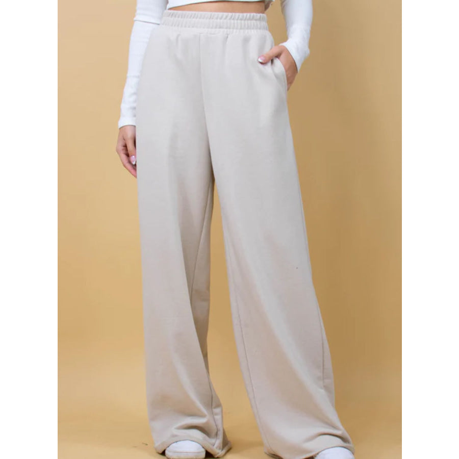 Elastic Waist Wide Leg Pants Beige / S Apparel and Accessories