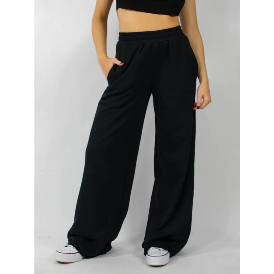 Elastic Waist Wide Leg Pants Black / S Apparel and Accessories