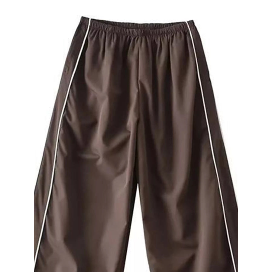 Elastic Waist Wide Leg Pants Brown / S Apparel and Accessories