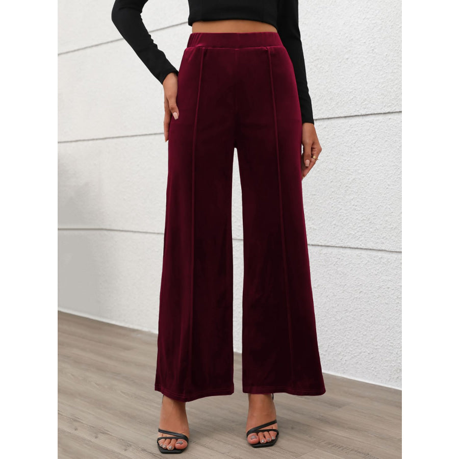 Elastic Waist Wide Leg Pants Burgundy / S Apparel and Accessories