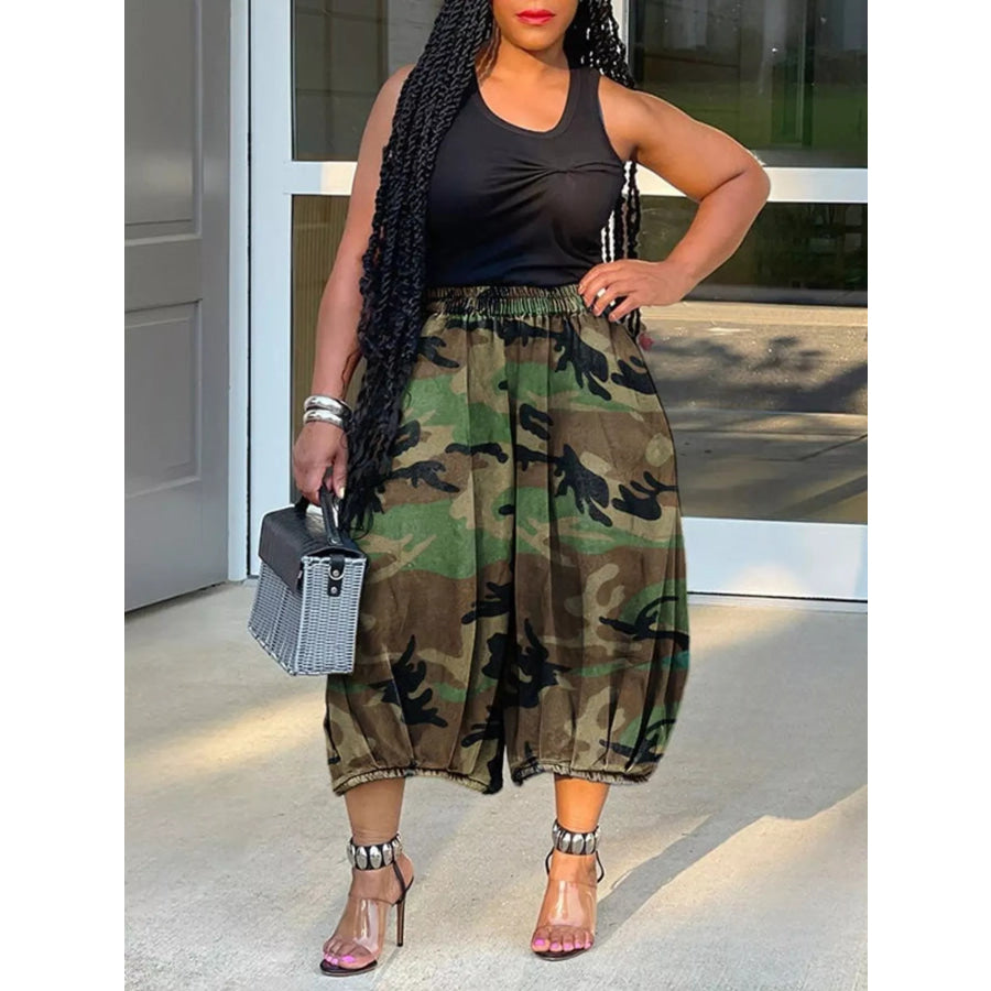 Elastic Waist Wide Leg Pants Camouflage / S Apparel and Accessories