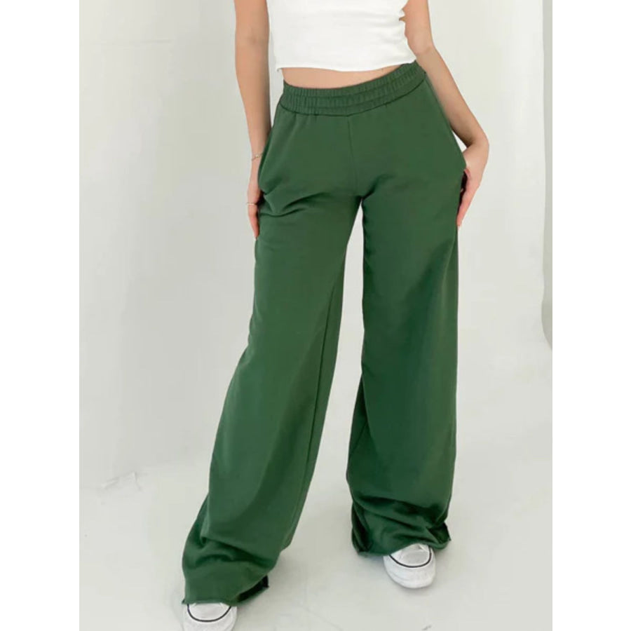 Elastic Waist Wide Leg Pants Dark Green / S Apparel and Accessories