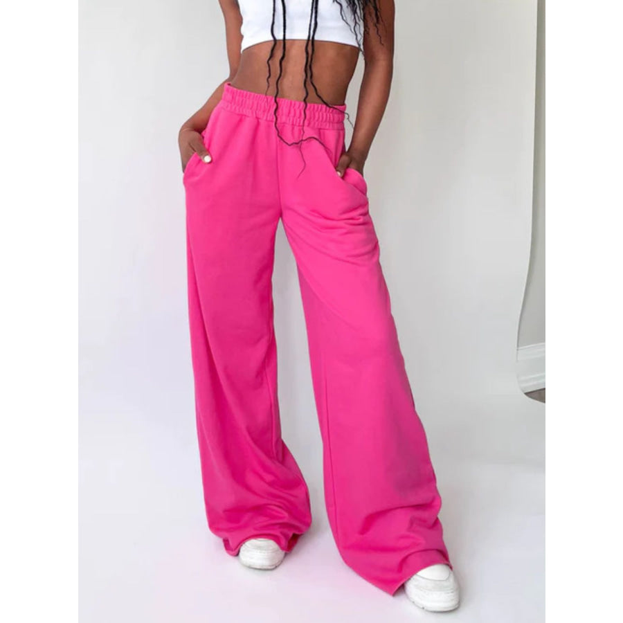 Elastic Waist Wide Leg Pants Hot Pink / S Apparel and Accessories