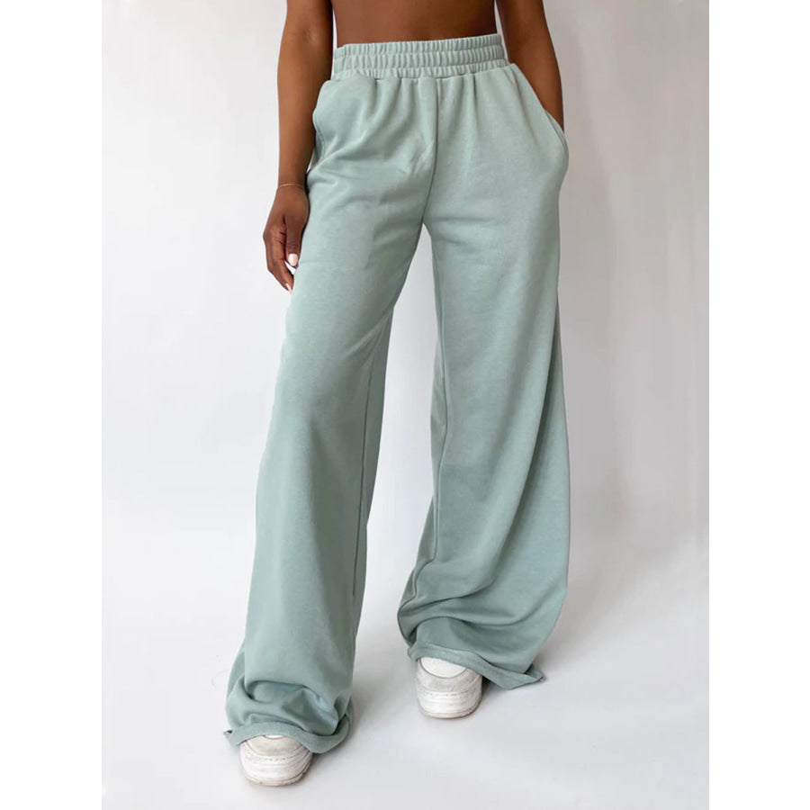 Elastic Waist Wide Leg Pants Light Green / S Apparel and Accessories